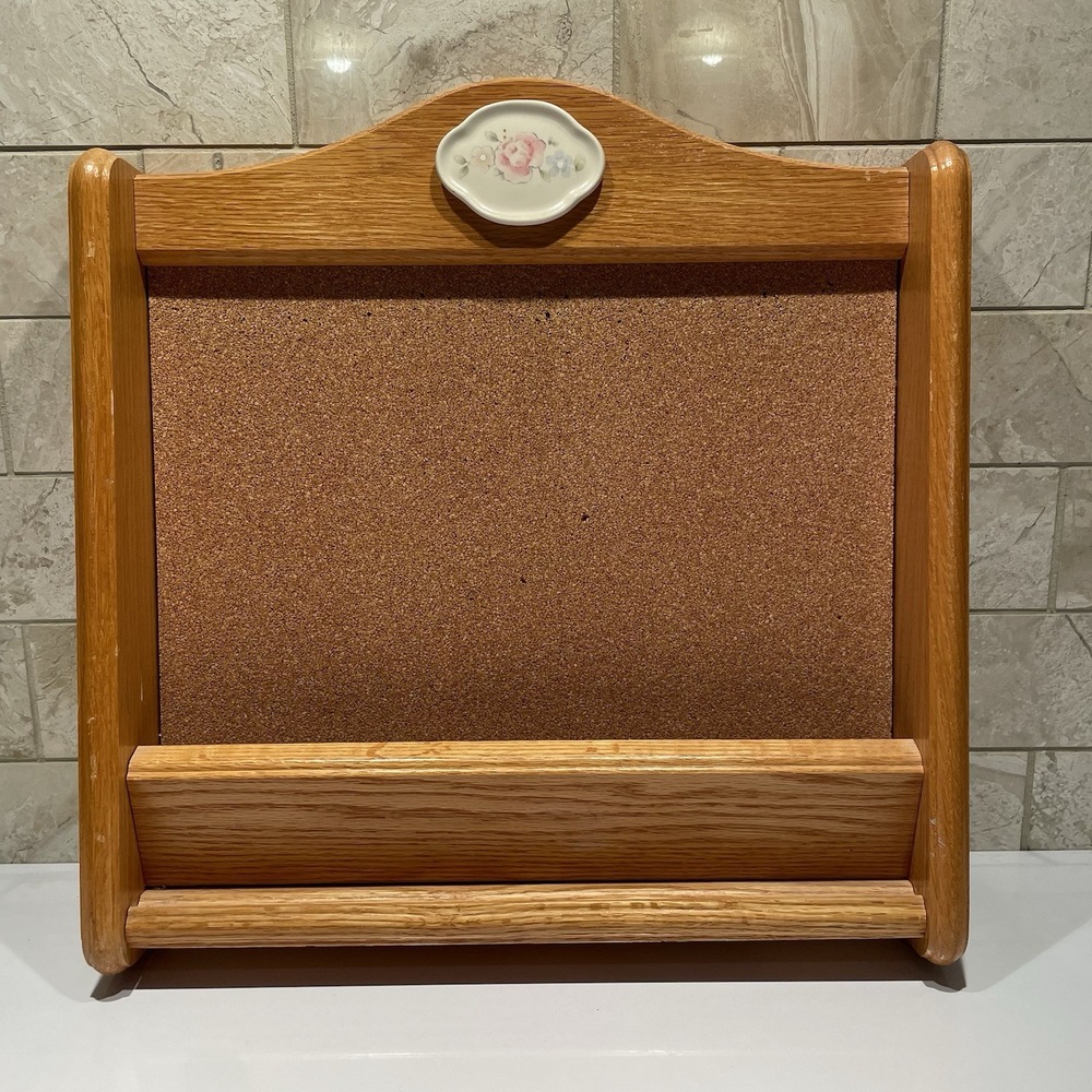 Pfaltzgraff Tea Rose Oak Wood Cork Board Mail Organizer Wall Message Center USA